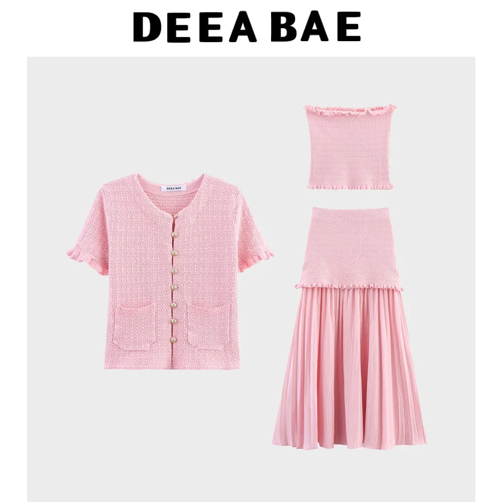 DEEABAE Autumn And Winter New Round Neck Buckle Decoration Gentle and Versatile Short Sleeve Knitted Cardigan Half Skirt Set