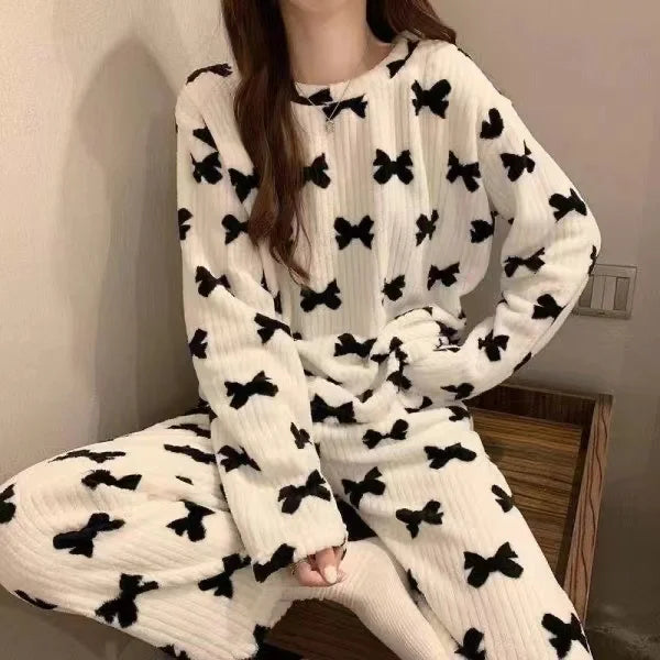 Thiened Long Sve Coral Fce Pajamas Women's Winter Home Clothes Set Cute Cartoon Print round Ne Spwear Set for Youth